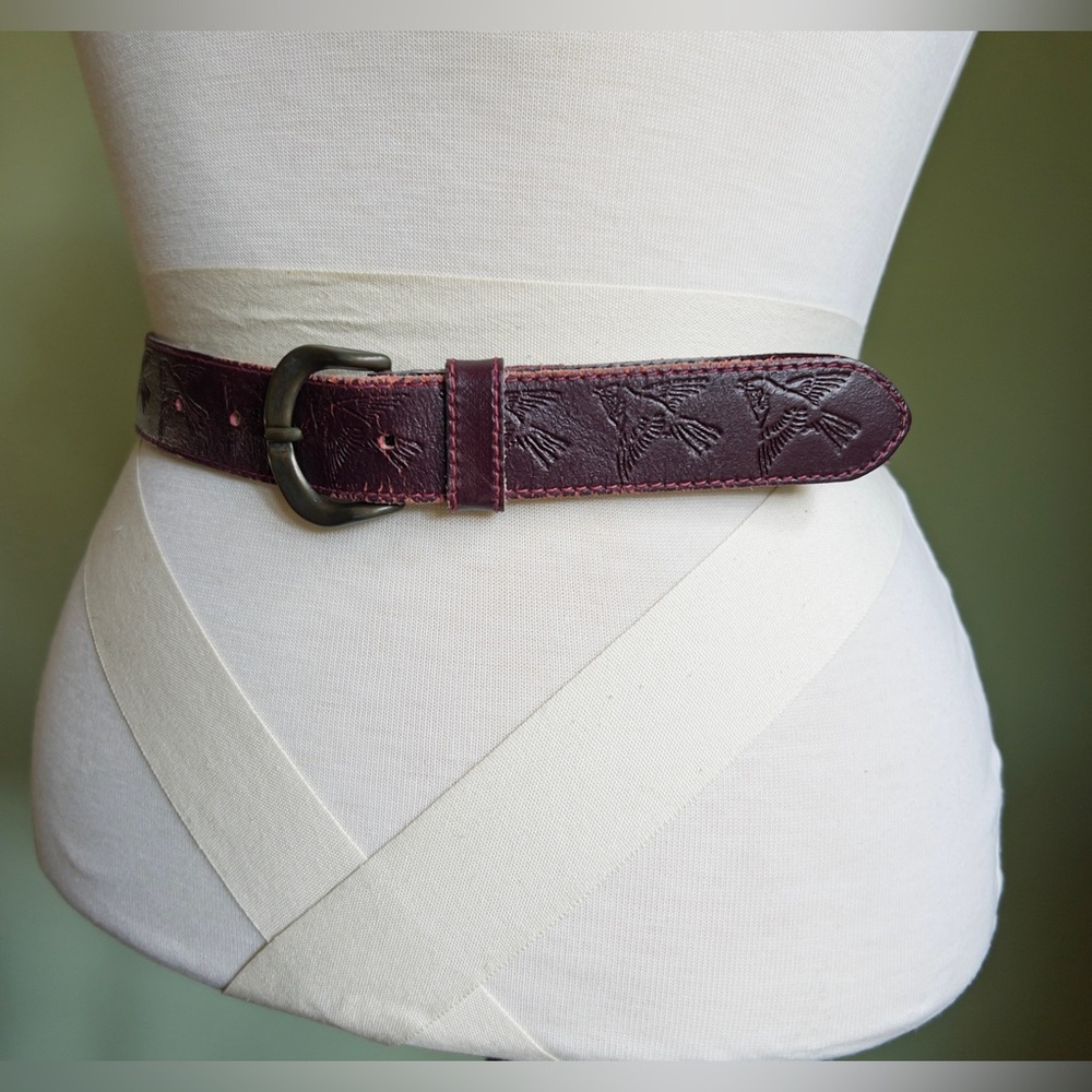 Sold Vintage Burgundy Leather Waist Belt, Stamped Bird Design
